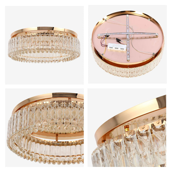 A gold, circular crystal light fixture, offering an elegant, modern touch to any space.