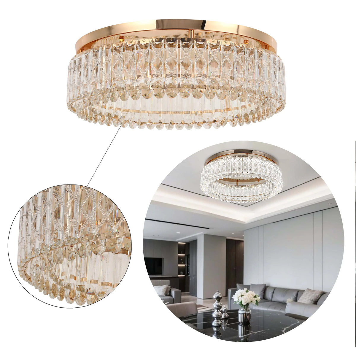 A gold-trimmed, crystal chandelier/ceiling light. Adds a glamorous touch to any room.