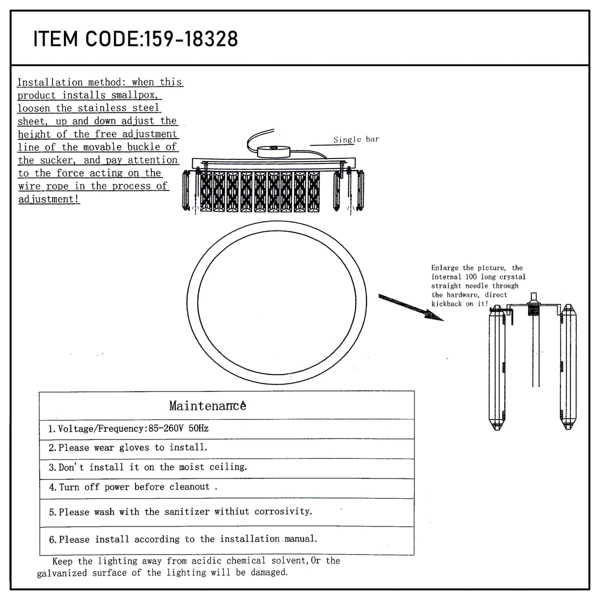 Diagram showing chandelier installation and maintenance instructions. Features item code and voltage details.