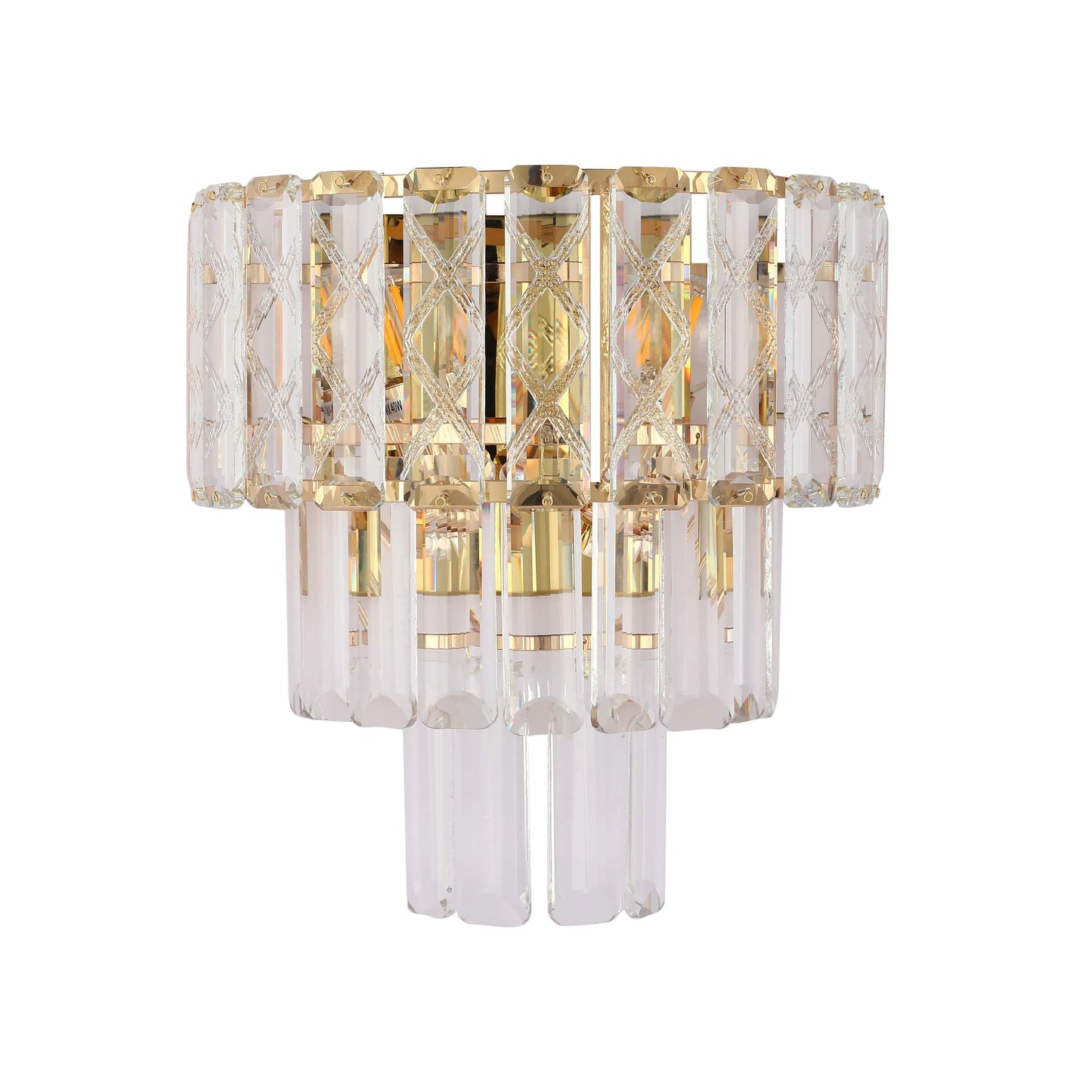 A glamorous gold and glass tiered wall light, perfect for adding a touch of luxury to any room.