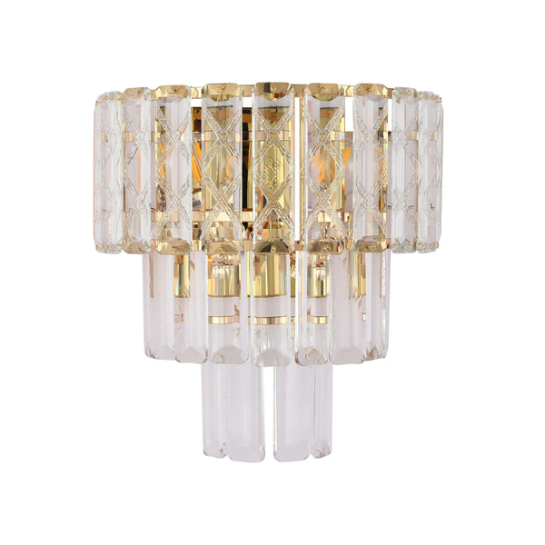A glamorous gold and glass tiered wall light, perfect for adding a touch of luxury to any room.