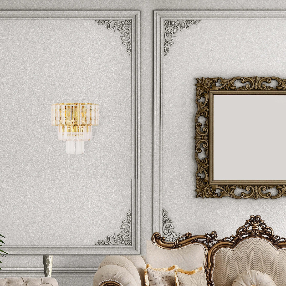 A wall-mounted crystal and gold light fixture exudes luxury, contrasting against the ornate, traditional decor and silver wallpaper.