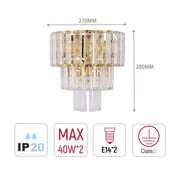 A 2-light crystal wall light with 270mm width and 280mm height. Max 40W, E14 bulb and Class I rated.