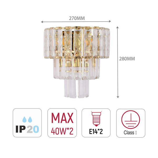 A 2-light crystal wall light with 270mm width and 280mm height. Max 40W, E14 bulb and Class I rated.