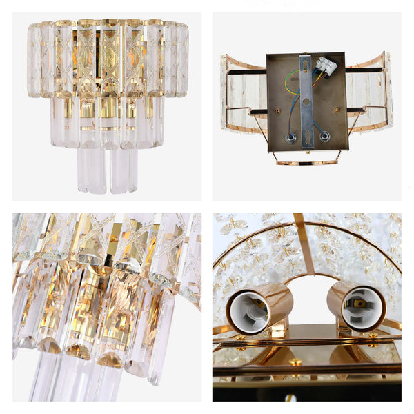 A gold wall light with layered crystal detailing. A luxurious accent light for your living space or bedroom.