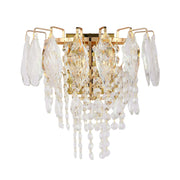 Ornate gold wall light featuring cascading, clear crystal droplets, adding a touch of elegance and sparkle to any room.