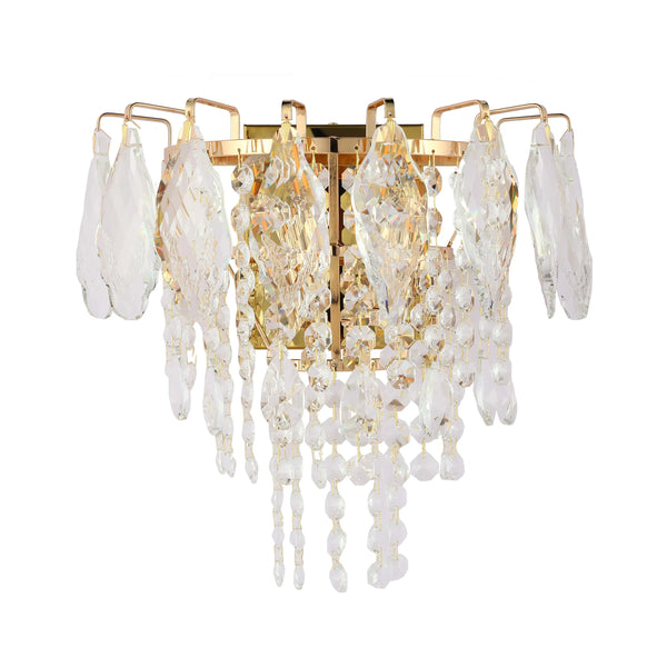 Ornate gold wall light featuring cascading, clear crystal droplets, adding a touch of elegance and sparkle to any room.
