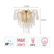 Gold wall light with crystal droplets. Dimensions are 310mm wide and 300mm high.