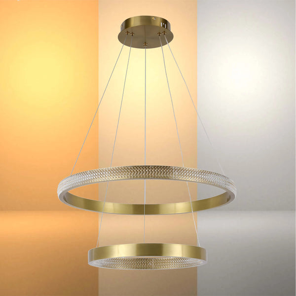 Gold ring chandelier. Two horizontal gold rings suspended with clear cables. Modern and elegant lighting design.