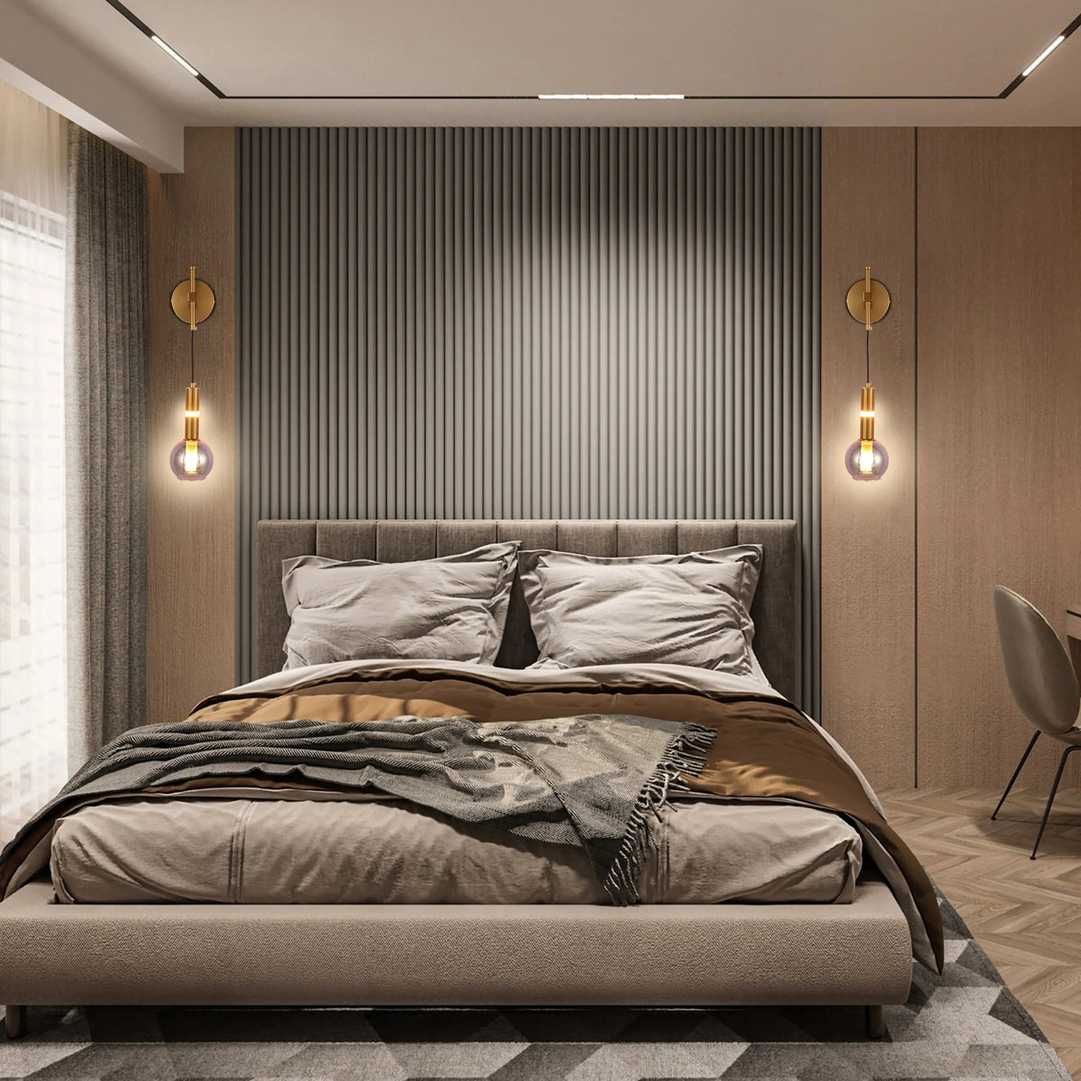 Contemporary bedroom with sconces flanking the bed and a sleek ceiling light feature above, creating a warm ambiance.