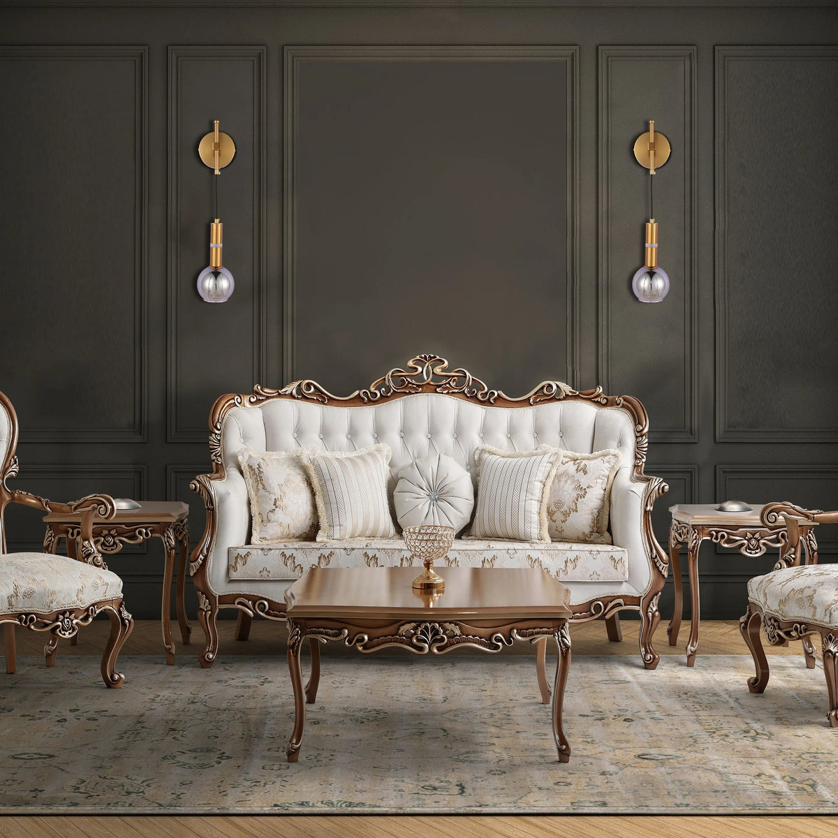 Sconces illuminate the room with warm, ambient light. Their gold finish adds a touch of opulence against the dark walls.