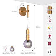 Modern wall light with gold fittings, a grey glass shade, and dimensions. It features a G9 lamp holder and emits 32 lumens at 3000K.