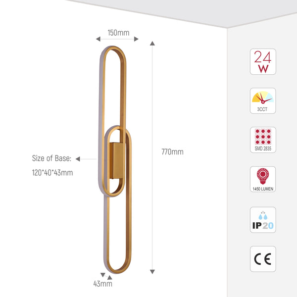 A slim, gold wall light with rounded edges. It's 770mm tall and emits 1450 lumen from 24W with 3CCT and IP20 rating.