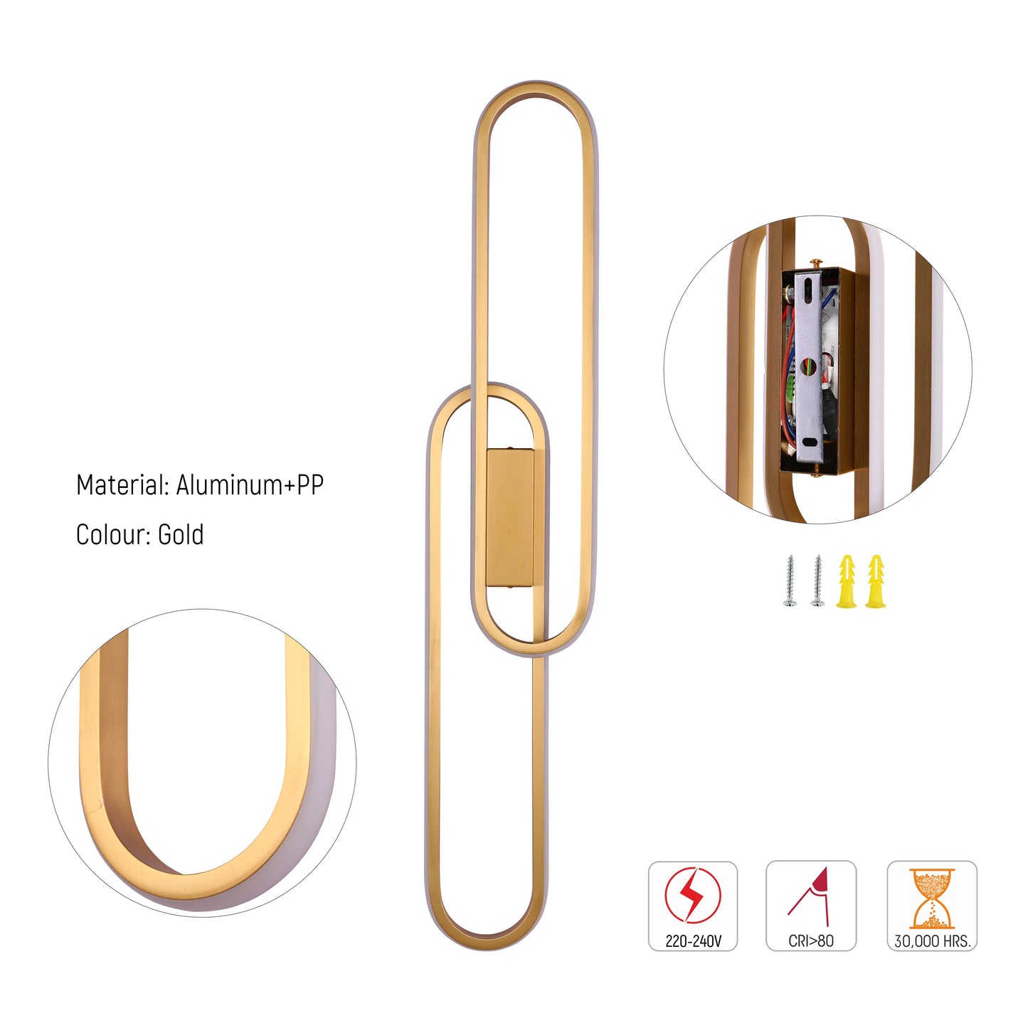 Gold LED wall light. Made from aluminum and PP in a unique, modern oval design. Includes screws and rawl plugs for easy installation.
