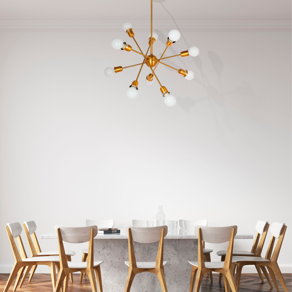 Golden Equilibrium Sphere Sputnik Chandelier | 10-Light Geometric Elegance Fixture with opal bulb | TEKLED 158-19538 is over a dinner table