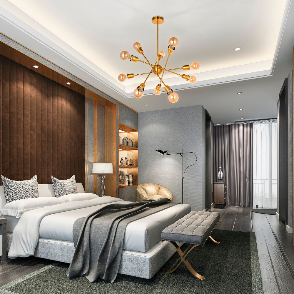 Golden Equilibrium Sphere Sputnik Chandelier | 10-Light Geometric Elegance Fixture with opal bulb | TEKLED 158-19538 is used a focal point at the bedroom