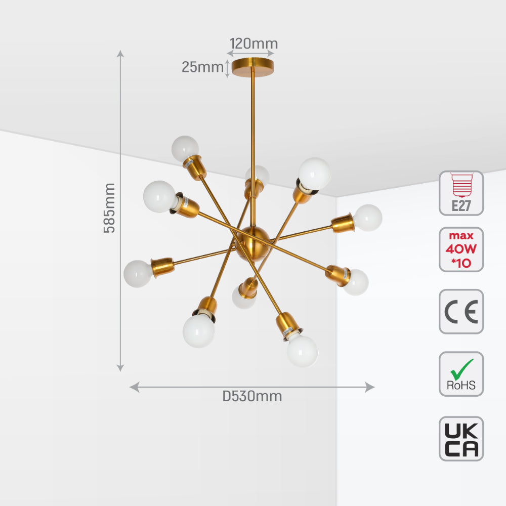 size and specs of Golden Equilibrium Sphere Sputnik Chandelier | 10-Light Geometric Elegance Fixture with opal bulb | TEKLED 158-19538