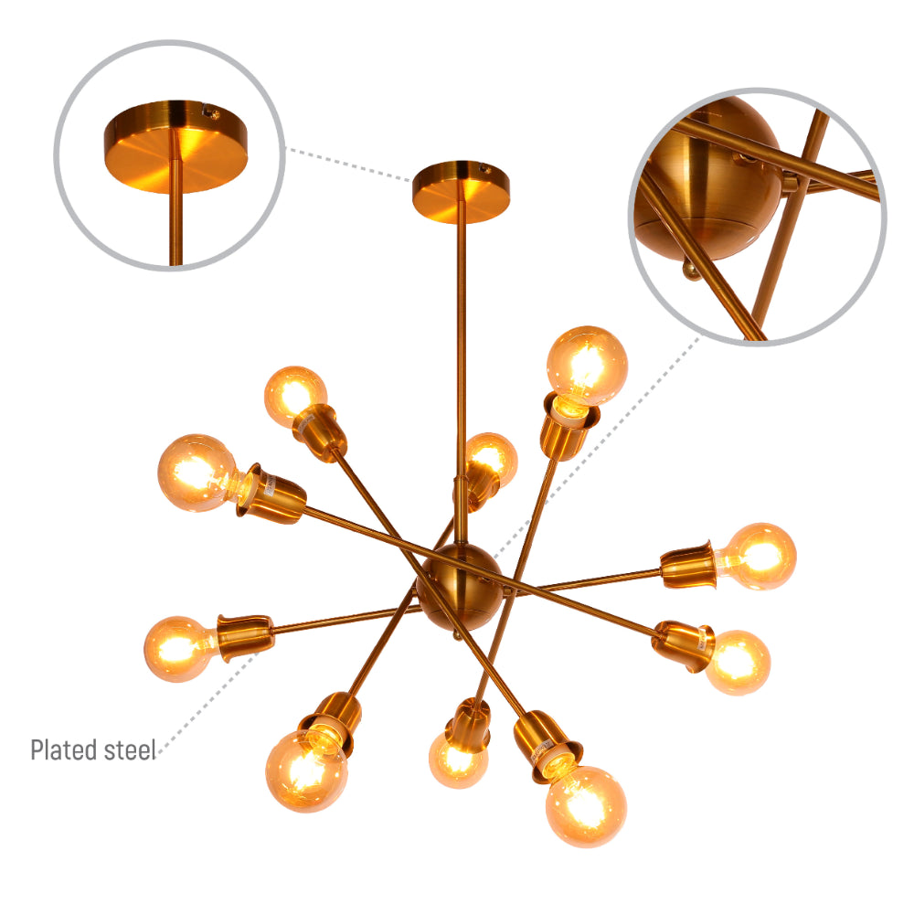 clsoe shot of Golden Equilibrium Sphere Sputnik Chandelier | 10-Light Geometric Elegance Fixture with opal bulb | TEKLED 158-19538