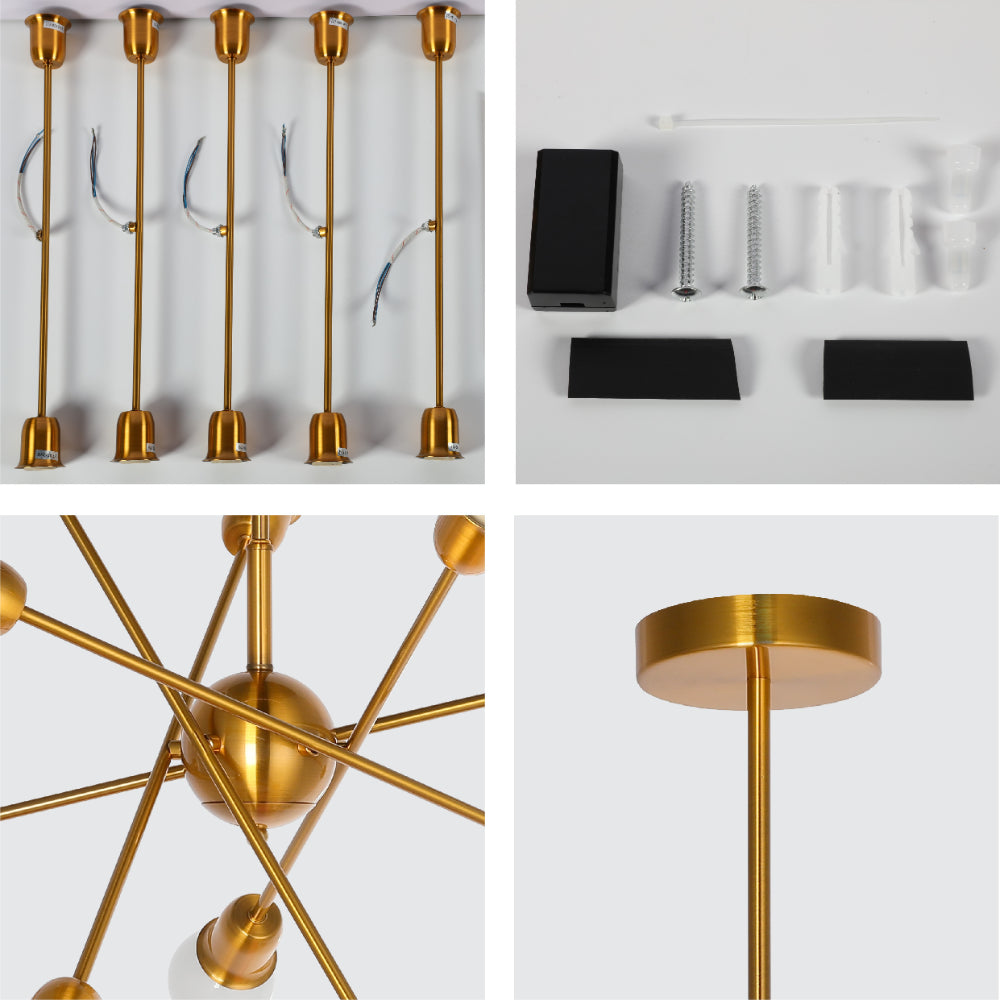 parts of Golden Equilibrium Sphere Sputnik Chandelier | 10-Light Geometric Elegance Fixture with opal bulb | TEKLED 158-19538