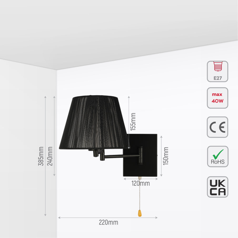 size for Black fabric shade swing arm wall light