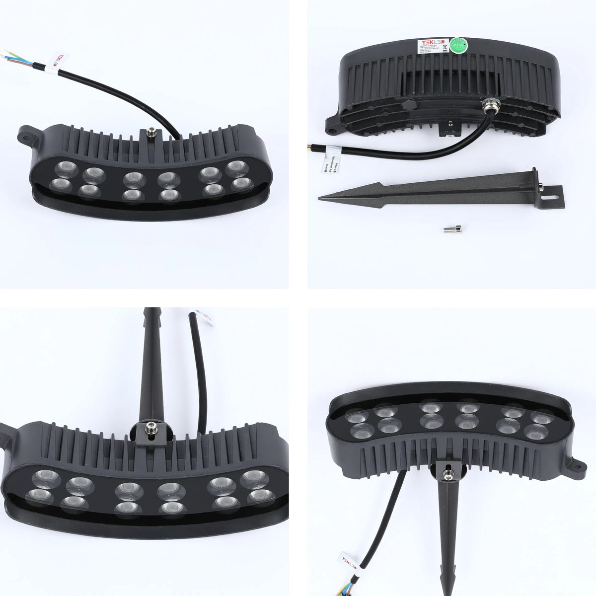 LED floodlight with stake mount, showcasing a sleek, curved design. Ideal for garden or outdoor accent lighting. Black finish.