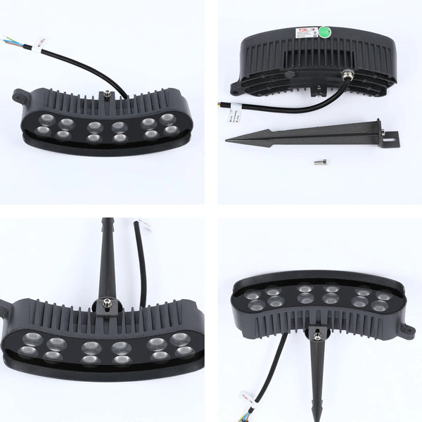 LED floodlight with stake mount, showcasing a sleek, curved design. Ideal for garden or outdoor accent lighting. Black finish.