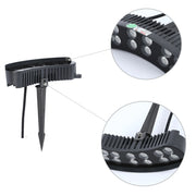 A black outdoor LED spotlight with a spike mount. Close-ups show the light's heat sink and LED array.