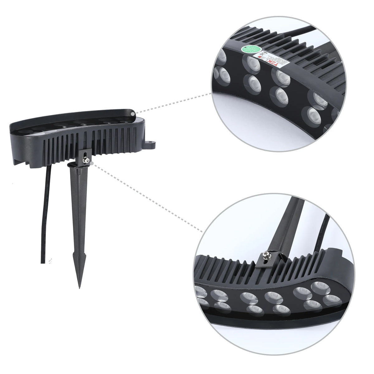 A black outdoor LED spotlight with a spike mount. Close-ups show the light's heat sink and LED array.