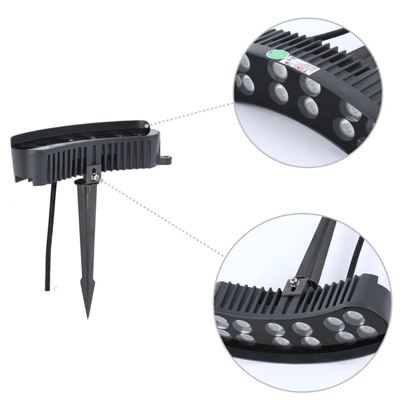 A black outdoor LED spotlight with a spike mount. Close-ups show the light's heat sink and LED array.