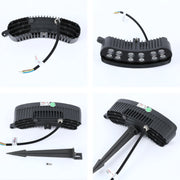 Curved LED floodlight with a spike mount. The light fitting is black and has a TEKLED label.