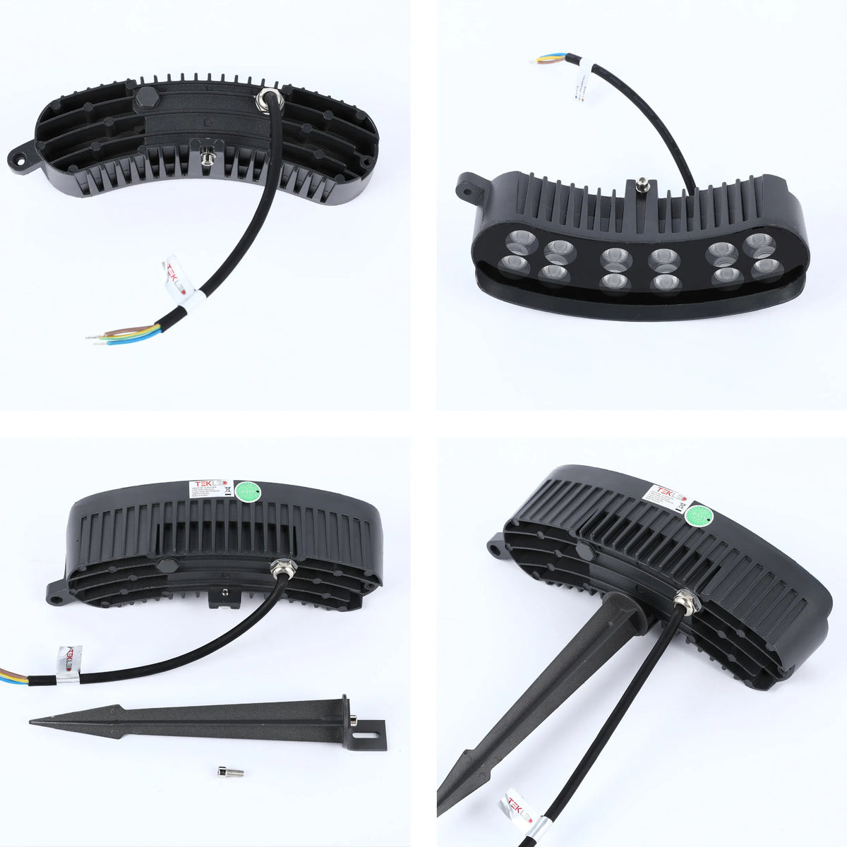 Curved LED floodlight with a spike mount. The light fitting is black and has a TEKLED label.