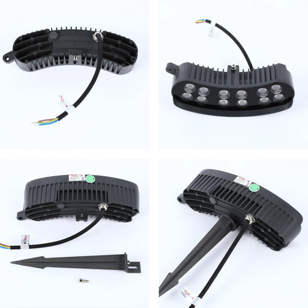 Curved LED floodlight with a spike mount. The light fitting is black and has a TEKLED label.