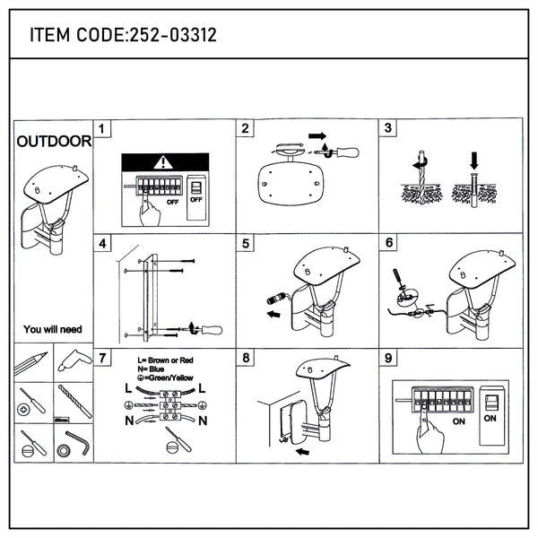Instructions for installing an outdoor light fixture. Line art, step-by-step illustrations showing wiring and mounting.