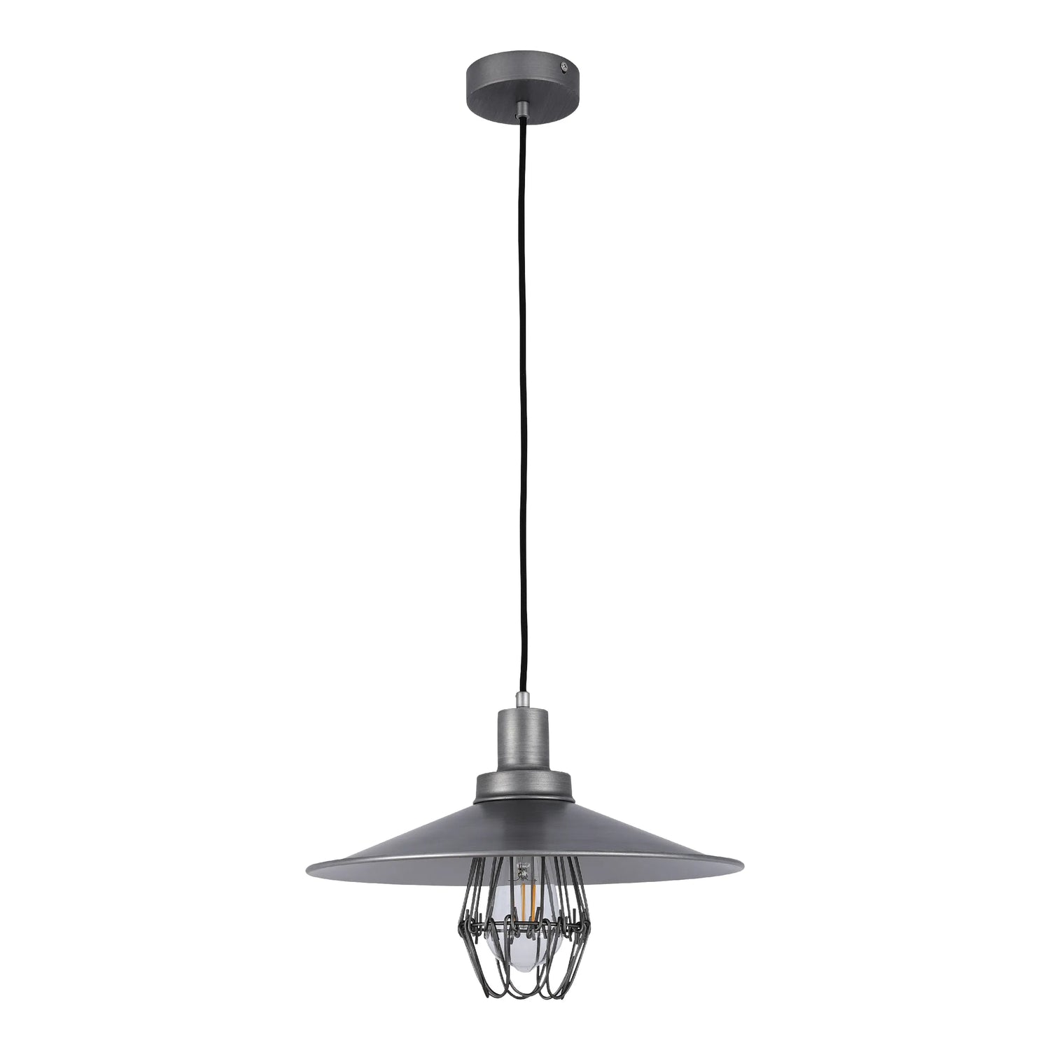 A grey industrial-style pendant light hangs from a black cable, casting a warm glow.