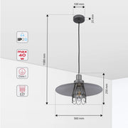 Industrial style pendant light with grey shade. Dimensions given. Takes an E27 bulb, max 40W.
