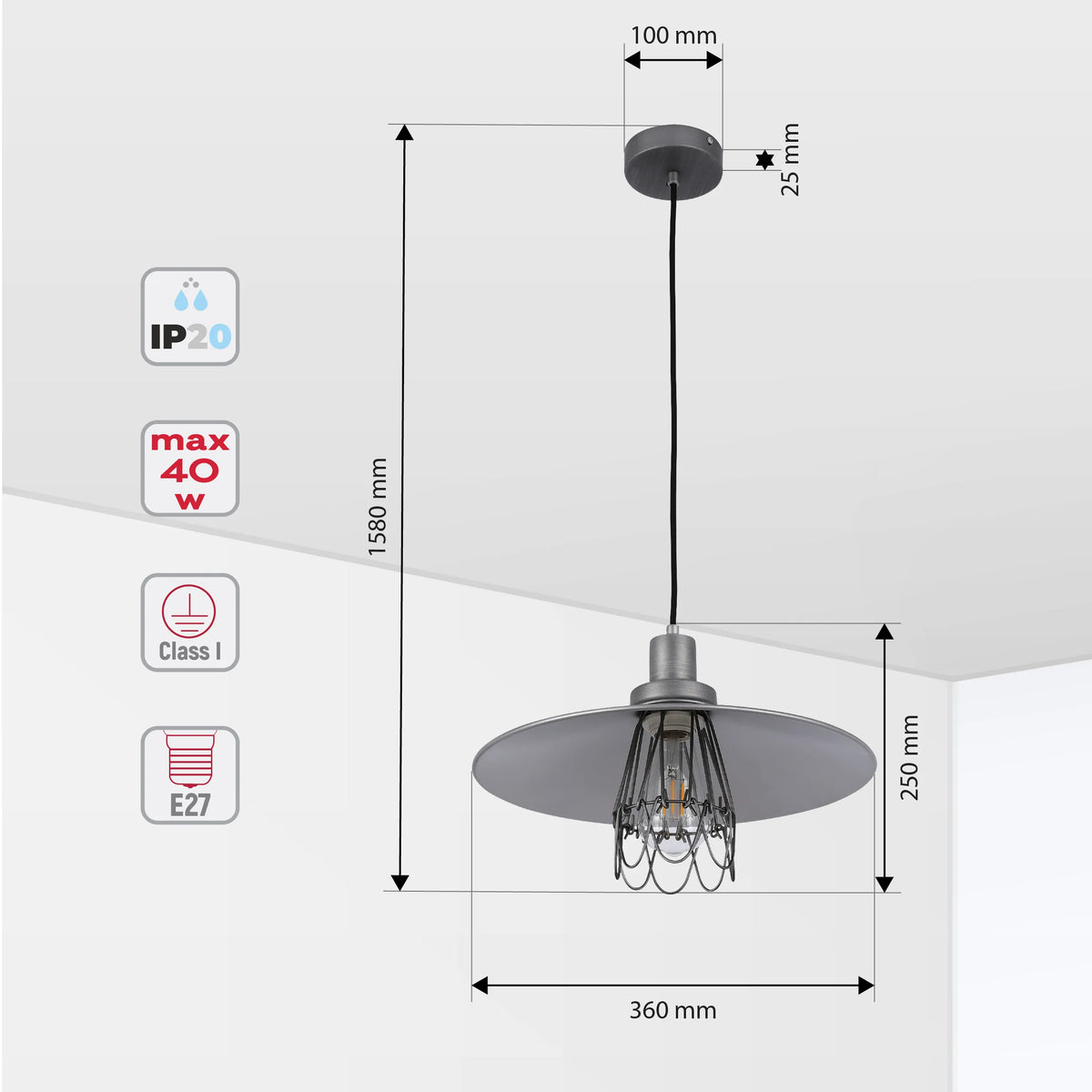 Industrial style pendant light with grey shade. Dimensions given. Takes an E27 bulb, max 40W.