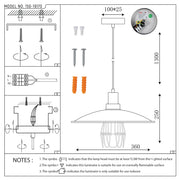 Technical drawing of a pendant light, detailing dimensions and installation steps. Shows a classic industrial-style design.