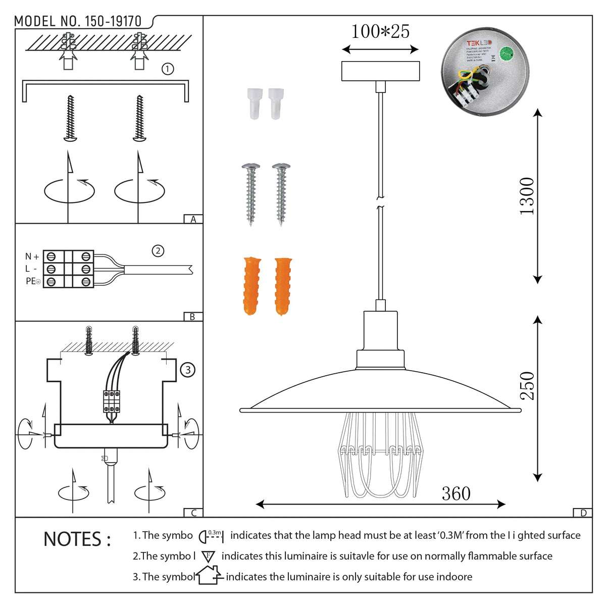 Technical drawing of a pendant light, detailing dimensions and installation steps. Shows a classic industrial-style design.