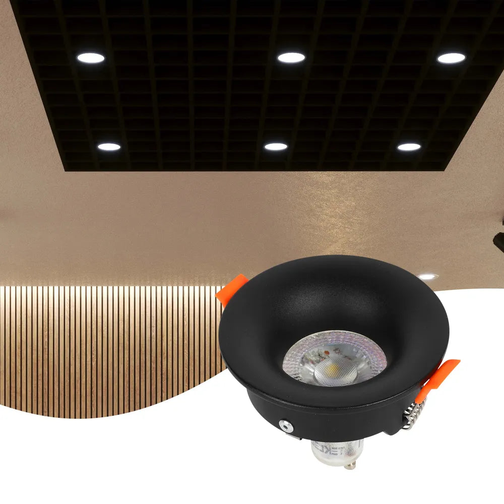 Stylish GU10 downlight fixture enhances modern kitchen decor with low-glare illumination, perfect for accentuating sleek interiors.143-03992