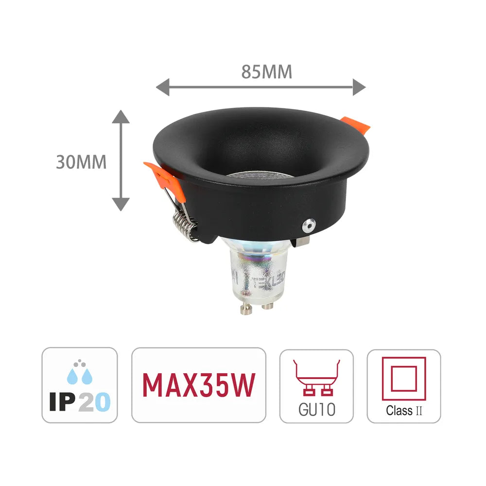 Size and technical specs of the Halo Low-Glare Fixed Recessed GU10 Downlight-143-03992