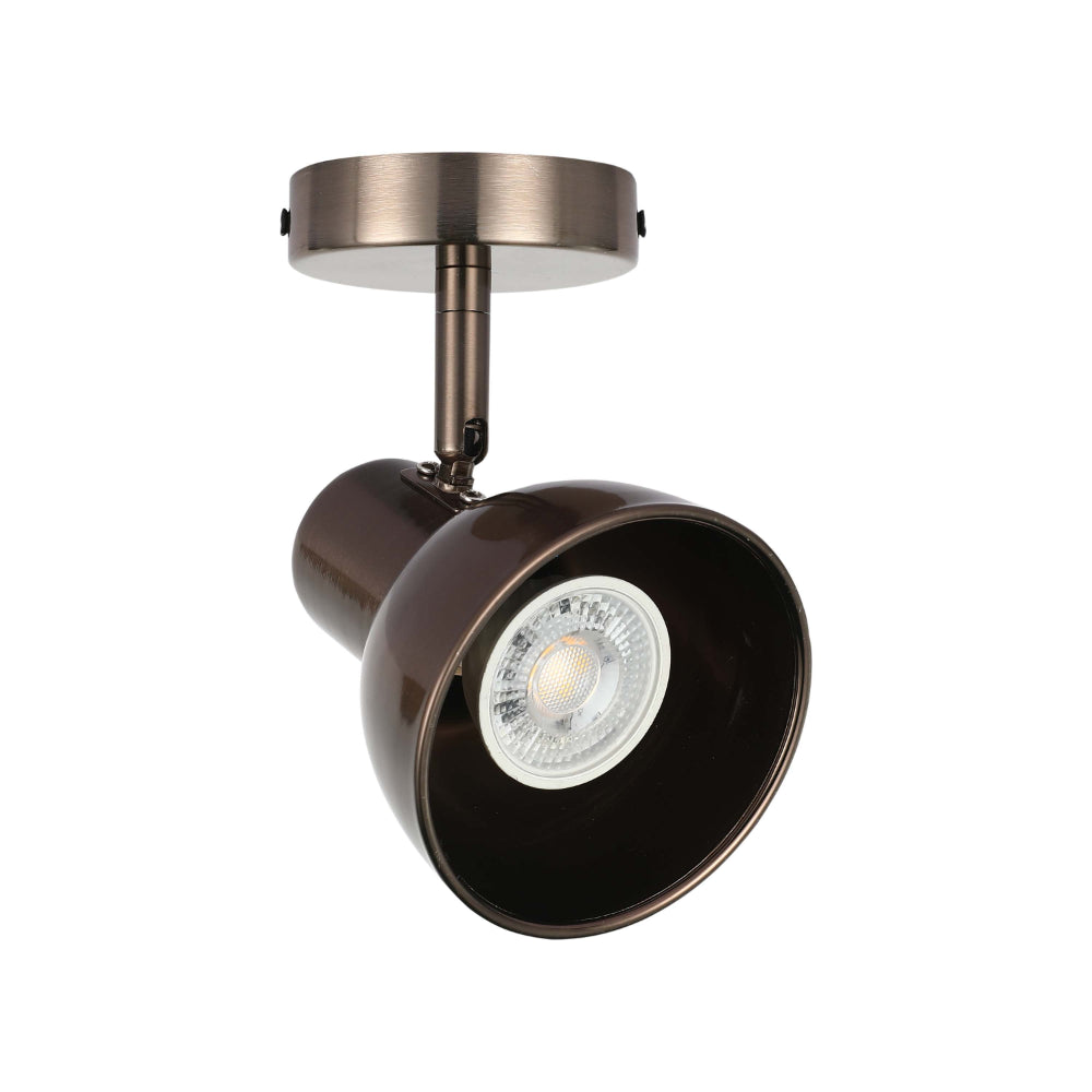 A bronze coloured ceiling spotlight with a single adjustable head, ideal for highlighting features.