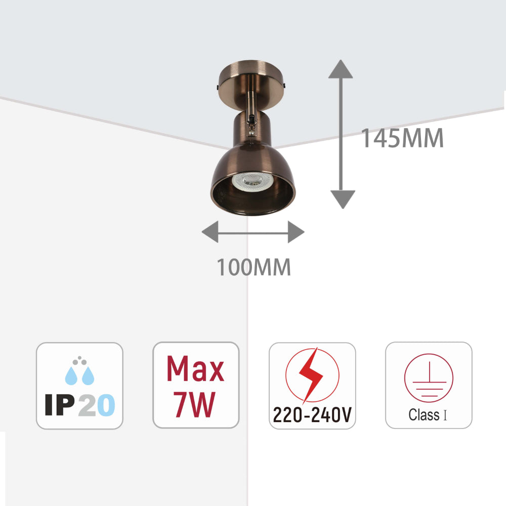 A bronze spotlight fitting with a 145mm drop and 100mm diameter, shown with IP20, Max 7W, 220-240V and Class I electrical ratings.