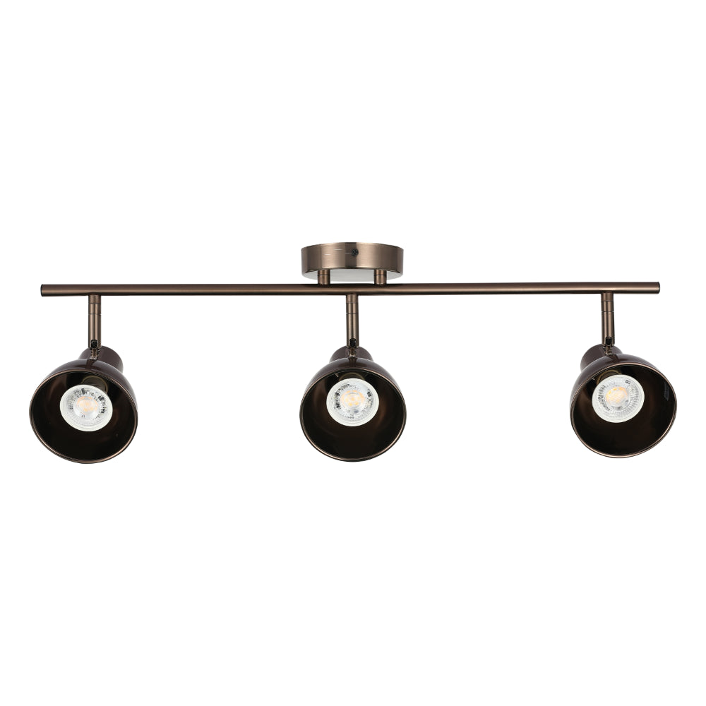 A bronze, three-bulb ceiling spotlight fitting. The lights are directional, each with a visible bulb.