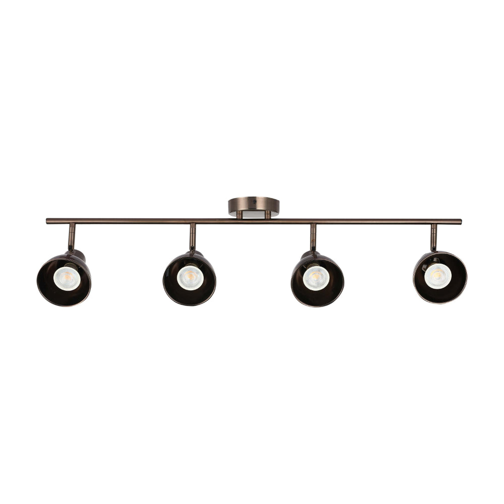 A four-bulb, bronze-coloured spotlight fixture. Ideal for illuminating any space with stylish, directed light.