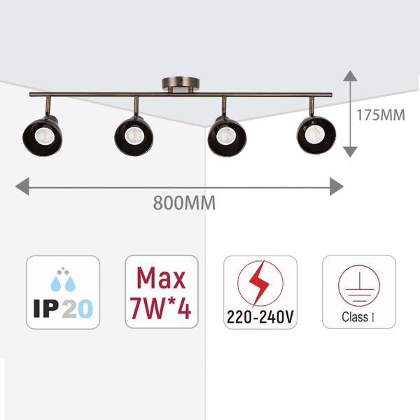 A four-bulb ceiling spotlight fitting in bronze. Displays 800mm length, 175mm height, IP20, Max 7W*4, 220-240V and Class I rating.