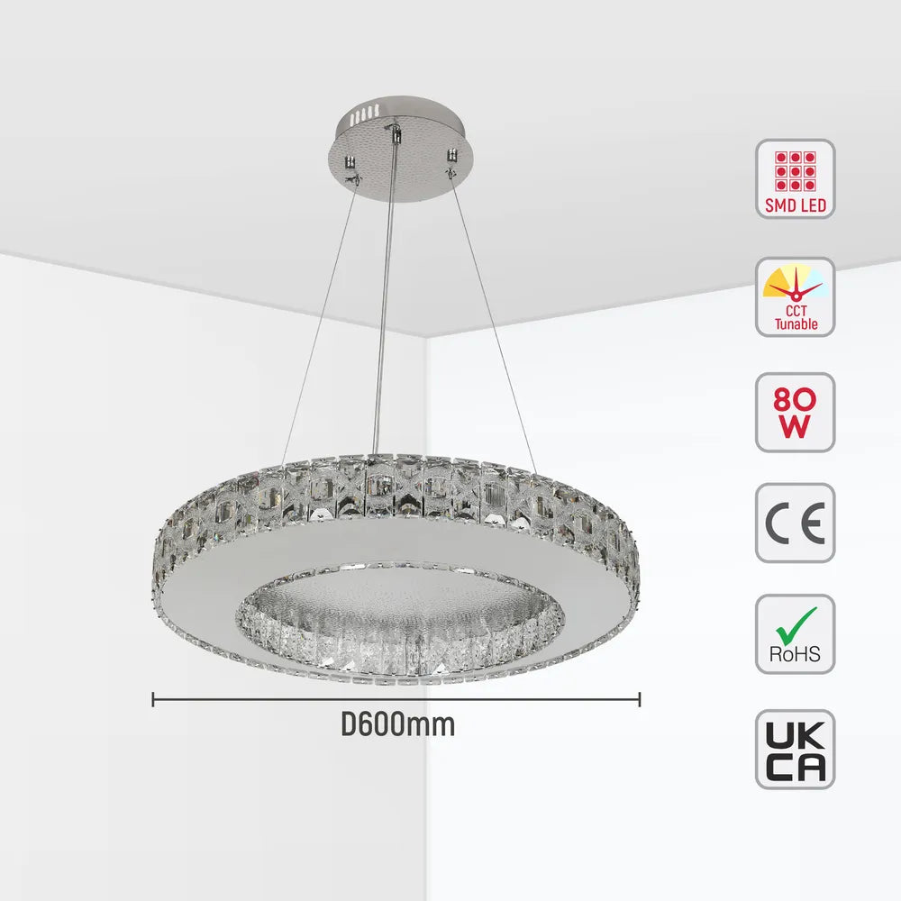 Size and technical specs of the Helix Crystal LED Chandelier with Dimpled Chrome Finish 80W-159-18346