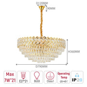 Crystal chandelier with gold frame. Dimensions: 790mm wide, 360mm tall. Requires E27 bulbs. Operating temp: -20/+45°C.
