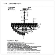 A technical drawing of a pendant chandelier highlighting components and installation steps.