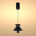 Stylish black pendant light with a cylindrical mount, thin cable and distinctive conical shade. A modern lighting solution.