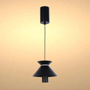 Stylish black pendant light with a cylindrical mount, thin cable and distinctive conical shade. A modern lighting solution.